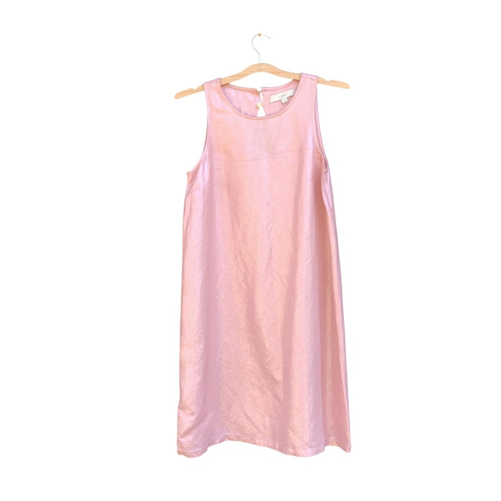 LOFT Dress Womens 2 Pink Linen Blend Sleeveless Shift Midi Keyhole Button Back